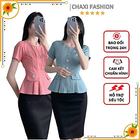 Hàng thiết kế - Áo kiểu peplum công sở xếp ly eo phối túi giả thanh lịch - A56160  Xuất xứ: Việt Nam