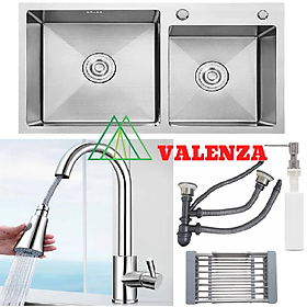 Combo chậu rửa bát inox Valenza sus304 8245 hố lệch, vòi rửa bát dây rút 01, bộ xả, rổ,bình xà phòng