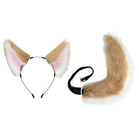 Ears and Long Tail Set Hair Hoop Cosplay Cat Ear Plush Wolf Ears Handmade Headdress Headwear for Performance Christmas Prom Party Adults