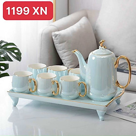 Mua Bộ ấm chén ( bình trà ) kèm khay sứ xương màu trắng  màu xanh cổ vịt ánh trai viền vàng cao cấp