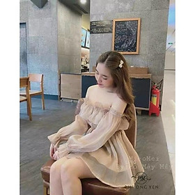 Váy Nữ Trễ Vai Tay Dài Bồng Dáng Xòe Tiểu Thư Style Hàn Quốc 3 Màu Đen Trắng Kem