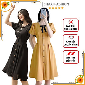 Hàng thiết kế - Đầm xòe xếp ly tay phồng phối nút gỗ kèm nơ cài vintage - VN50235