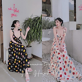 Đầm maxi đi biển váy dạo biển chấm bi xòe có mút ngựcđi chơi đi tiệc đám cưới, du lịch sang chảnh cao cấp PVC