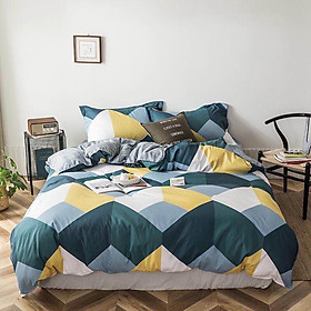Bộ Drap & Chăn Phao 5 Món Cotton Poly Khối Vàng Xanh