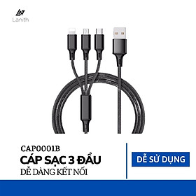 Dây sạc 3 đầu 3 in 1 siêu bền, nhiều cổng sạc: USB micro, type C, lightning cho điện thoại Iphone, Samsung – Dây cáp sạc điện thoại đa năng - CAP0001