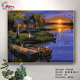 Tranh tự tô màu sơn dầu số hóa phong cảnh - Mã PC0568 Cảnh đêm hồ nước bến thuyền ngôi nhà nhỏ