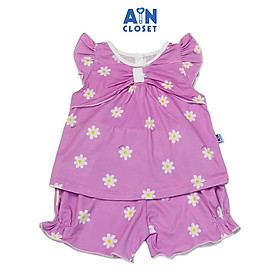 Bộ quần áo ngắn bé gái họa tiết Cúc nơ nền tím thun cotton - AICDBGP26NWZ - AIN Closet