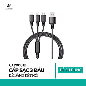 Dây sạc 3 đầu siêu bền, nhiều cổng sạc: USB micro, type C, lightning cho điện thoại Iphone, Samsung – Dây cáp sạc điện thoại đa năng - Hàng nhập khẩu- CAP0001