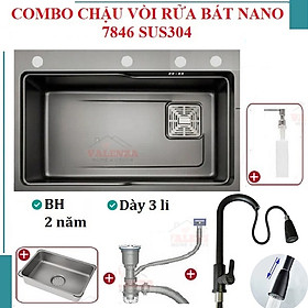 Mua Combo chậu rửa chén bát 1 hố lớn Valenza size 7846 sus304 nano đen kháng khuẩn kèm vòi rửa bát rút dây Valenza sus304  bộ xả to ngăn mùi  khay inox kín-TẶNG BÌNH NƯỚC RỬA CHÉN