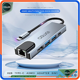 Hub Type C To HDMI ASWEI 5 in 1 Chuẩn HDTV - Hub Chuyển Đổi USB Type-C To HDMI 4K, USB 3.0, Cổng Mạng Lan RJ45, Sạc Nhanh PD 100W - Bộ Chia USB Kết Nối Tốc Độ Cao - Dành Cho Macbook, Laptop, PC, Máy Tính Bảng, Điện Thoại - Hàng Chính Hãng