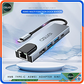 Mua Hub Type C ASWEI 5 in 1 To HDMI  USB 3.0  Lan RJ45  PD 100W - Cổng Chia USB  Ổ Chia USB Tốc Độ Cao - Hub Chuyển Đổi USB Type C 5 Cổng - Hàng Chính Hãng