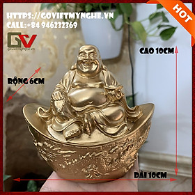 Tượng Phật Di Lặc _ tượng Phật Di Lặc ngồi trên thỏi vàng chạm khắc hình Long & Phụng - Cao 10cm