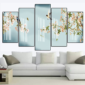 Tranh Canvas Treo Tường Hiện Đại _ Tranh Bộ 5 Chim Và Hoa Mùa Xuân
