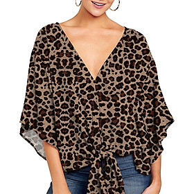 Women Plus Size Loose Blouse V Neck Flared 3/4 Sleeves Knoted Hem Printed Vintage Holiday Spring Summer Casual Shirts
