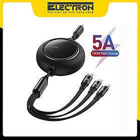Cáp sạc dây rút 3 đầu Baseus - 100W Bright Mirror One-for-three Retractable Data Cable Type-C to M+L+C - Hàng Chính Hãng
