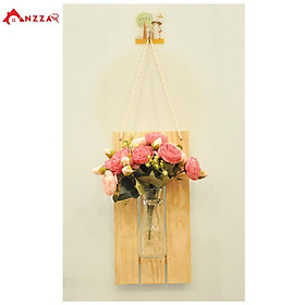 Lọ hoa thủy tinh gắn bảng gỗ treo tường trồng cây, cắm hoa trang trí ban công, phòng cách, quán cà phê (chưa kèm hoa)