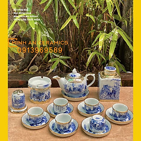 Mua Bộ ấm chén chóp lửa bọc đồng men lam vẽ Trúc Lâm Thất Hiền gốm Minh An Bát Tràng dung tích 400ml