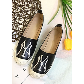 NY Giày lười slip on nữ da mềm thêu chữ cao cấp Đen