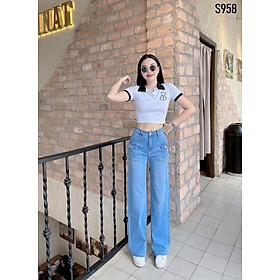 Quần Jeans Nữ Ống Suông Dài Túi Hộp Kiểu Lưng Cao Co Giãn 4 Chiều