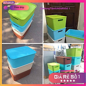 Combo 2 giỏ nhựa đan giả mây đựng đồ kiểu Hàn Quốc có nắp size đại