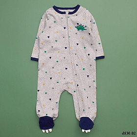 Body liền bàn cotton màu ghi viền cổ xanh than họa tiết khủng long cho bé