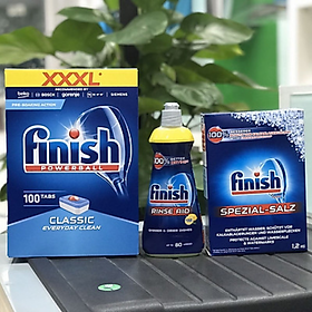 Combo Viên rửa bát Finish Classic 100 viên + Muối Finish 1.2kg + Nước làm