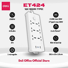 Ổ Cắm Điện Đa Năng DELI Sạc Nhanh TypeC USB PD20W 2-12 Ổ Vuông Dẹt Chịu Tải 2500W, Cầu Chì Tự Ngắt