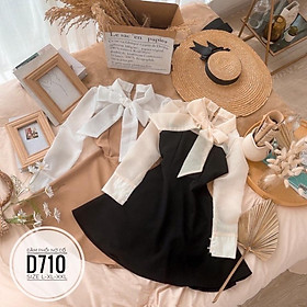 Bigsize 60-90KG vmart Đầm phối nơ cổ D710 hàng Quảng Châu cao cấp chiết eo giấu bụng