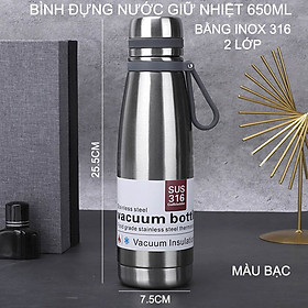 Bình đựng nước giữ nhiệt bằng inox 316 với 2 lớp giữ nhiệt 8-12 tiếng, dung tích 650ml