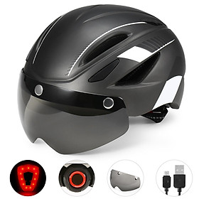 Mũ bảo hiểm đi xe đạp xe máy có đèn chiếu sáng phía sau, kèm tấm kính chống UV-Màu Xám đậm & trắng