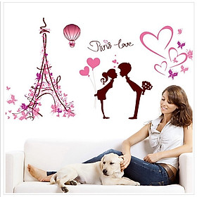 Decal dán tường trang trí phòng ngủ lãng mạn hình Couple bên tháp Eiffel - decal tình yêu DKN081 (61 x 113 cm)