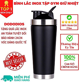 Bình lắc gym shaker, bình nước thể thao inox giữ nhiệt + Tặng quả lắc - ĐenViềnBạc