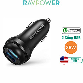 Củ Sạc Điện Thoại Trên Ô Tô Xe Hơi RAVPower 2 Cổng 36W,Quick Charge 3.0-RP-VC018 Siêu Nhỏ Gọn- Hàng Phân Phối Chính Hãng