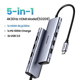 Cáp Chuyển Hub Ugreen 5 In 1 USB Type C Sang HDMI + USB 3.0*3 + PD Ugreen 50209, 70495 hàng Chính Hãng