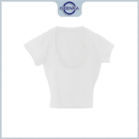 Áo croptop cổ rộng tay ngắn ôm nữ OZENKA , áo crt kiểu basic thun cotton màu đen trắng mặc đi chơi dưới 55 cân