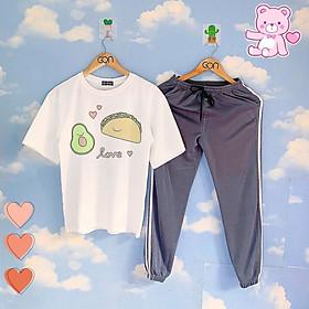 Set áo tay lửng quần thun XÁM XANH unisex, quần dài 2 sọc, 3 sọc, Áo tay lỡ và quần thể thao