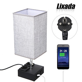 Lixada Pulling Switch Bedside Table Lamp Dual 2.1A USB Charging Ports & Outlet Sockets Black Base and Fabric Lampshade