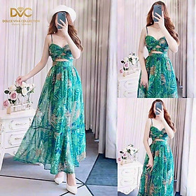 Váy dầm nữ maxi chất voan đi biển hai dây khoét éo họa tiết cực bắt mắt