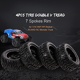 4PCS 1/10 Off-road Tyre Double V Tread Pattern 7 Spokes Rim for 1/10 HSP HPI Redcat RC4WD RC Monster Truck