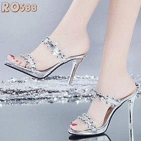 Giày sandal nữ cao gót 8 phân hàng hiệu rosata hai màu đen bạc ro588