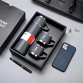 Set Bình Giữ Nhiệt + 2 Ly Cách Nhiệt Vacuum Flask 500ml Inox Cao Cấp MÀU XÁM SÁNG TƯƠI VÀ ĐEN - Dru Hàng Chính Hãng