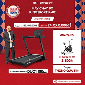 Máy chạy bộ KINGSPORT Vision Plus K-02 nâng dốc tự động 32%, tốc độ tối đa 18,8km/h, khung sườn chắc chắn chịu tải trọng lớn, cân nặng phù hợp từ dưới 95-100kg