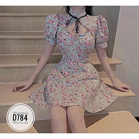 Bigsize 60-90KG vmart Đầm hoa nơ cổ D784 hàng Quảng Châu cao cấp chiết eo giấu bụng