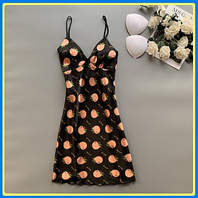 Q147 Váy ngủ lụa hai dây kèm mút ngực in hoa văn sexy  - Đầm ngủ lụa hai dây - Váy ngủ - Đào đen