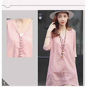 Đầm suông linen tay lỡ cổ V dáng chữ A ArcticHunter, thời trang trẻ, phong cách Hàn - Hồng phấn - 2XL