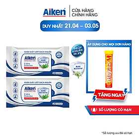Aiken Combo 2 Gói Khăn Ướt Sạch Khuẩn Chiết Xuất Trà Xanh 20 tờ/gói
