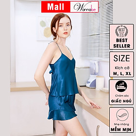 Đồ bộ mặc nhà phi lụa cao cấp WANNABE BSS63 đồ bộ quần short phối áo 2 dây cutout lưng cột nơ sexy giúp bạn gái xinh xắn