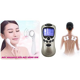 Combo máy massage vật lý trị liệu cổ vai gáy 4 miếng dán và máy massage mặt dùng pin