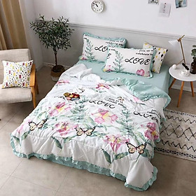 Set chăn hè ga gối đũi nhiệt đới cao cấp - Hoa Ly Hồng - Tặng 1 móc khóa Houston