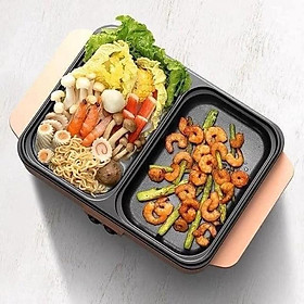 Bếp điện lẩu nướng 2 ngăn mini chính hãng Shanban Electric Baking Tray, Nồi lẩu + nướng đa năng, nồi lẩu điện 2in1 - Hàng nhập khẩu